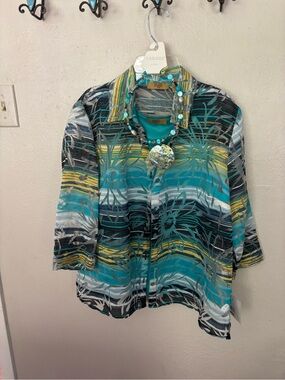 Teal & Black Floral Stripe Button-Front Women's Top